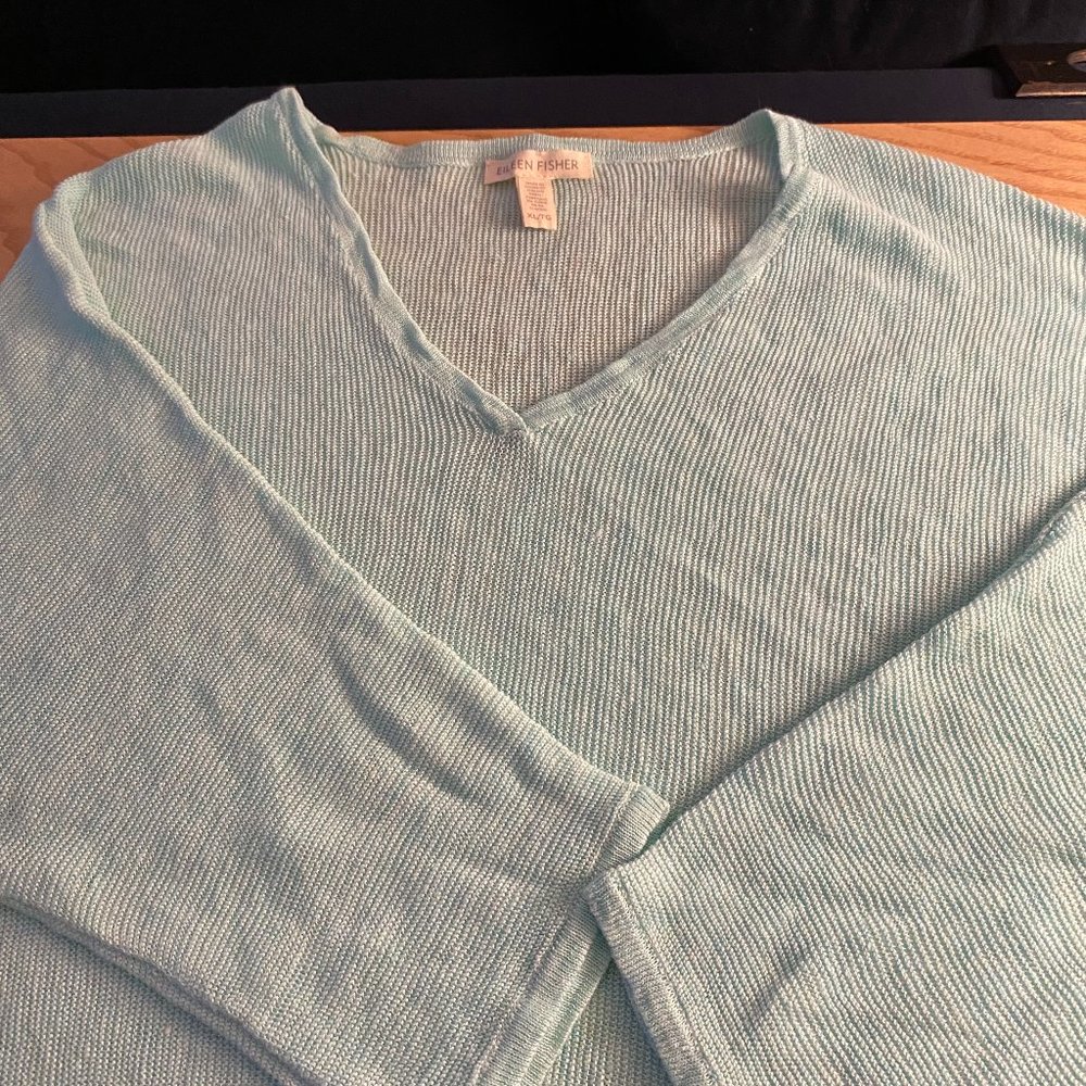 Eileen Fisher Mint Green Linen V-Neck Sweater XL